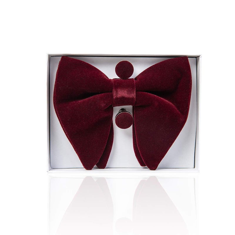 GUSLESON Mens Wedding Bow Tie and Pocket Square Cufflink Sets Velvet Pre-tied Burgundy Wine Bow Ties (0571-14) - Image 3